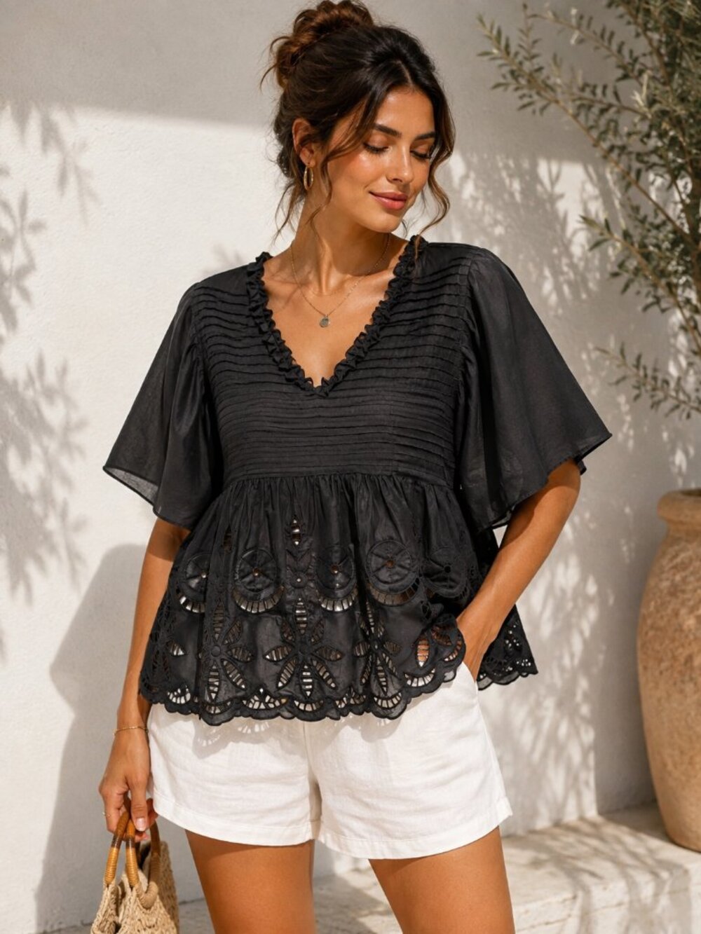 Kenzo Black Women Embroidered Puff-Sleeve V-Neck Blouse M